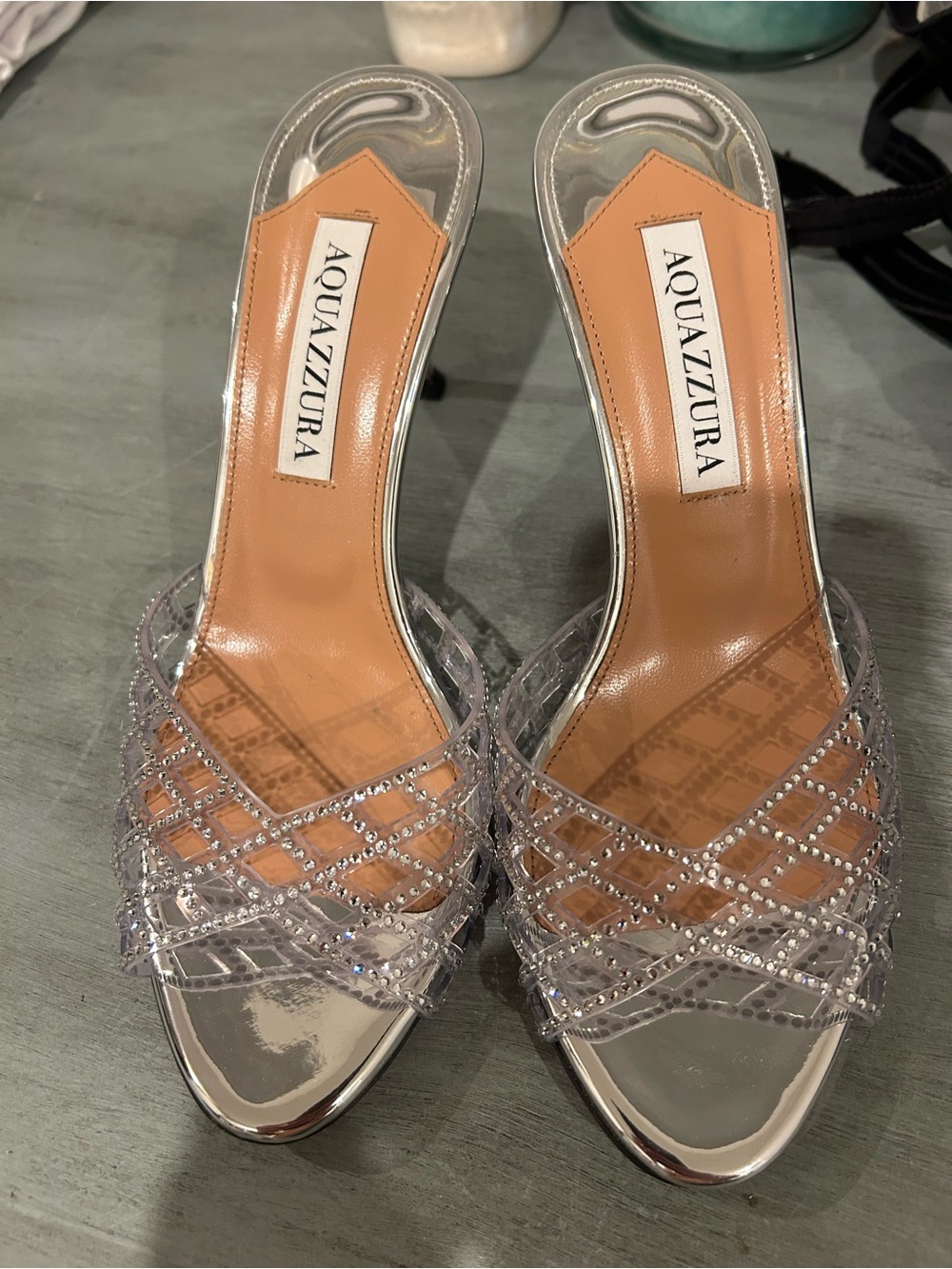 Aquazzura Silver Crystal Lattice Slide Heels